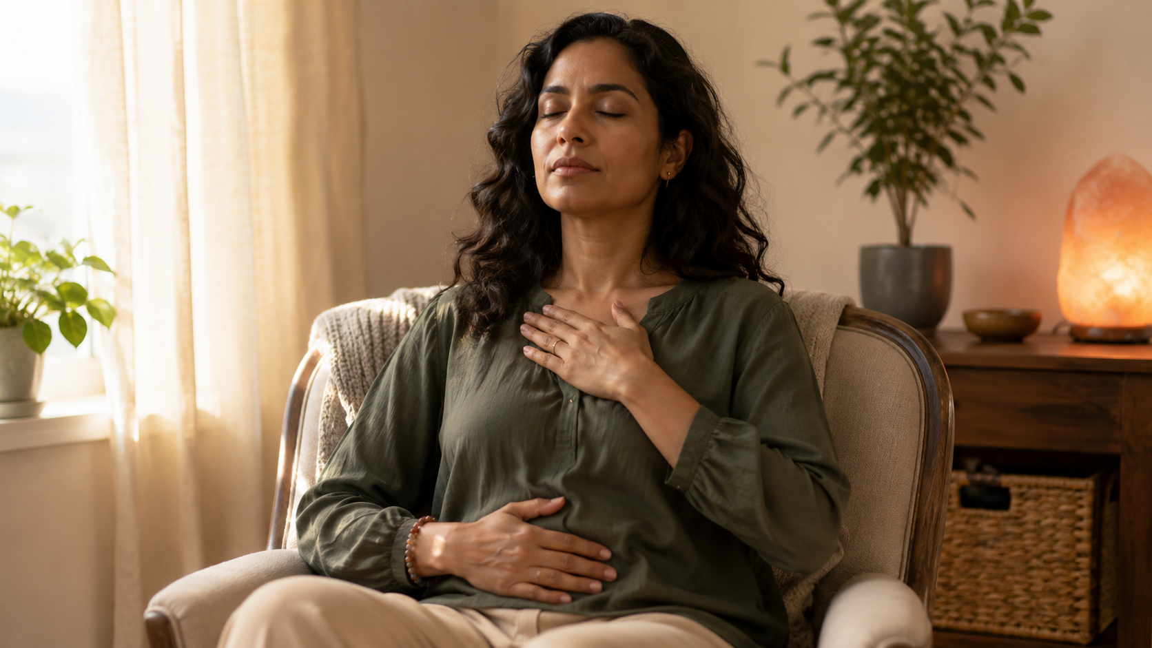 A reassuring breathing practice with one hand on the chest and one on the belly in a softly lit room