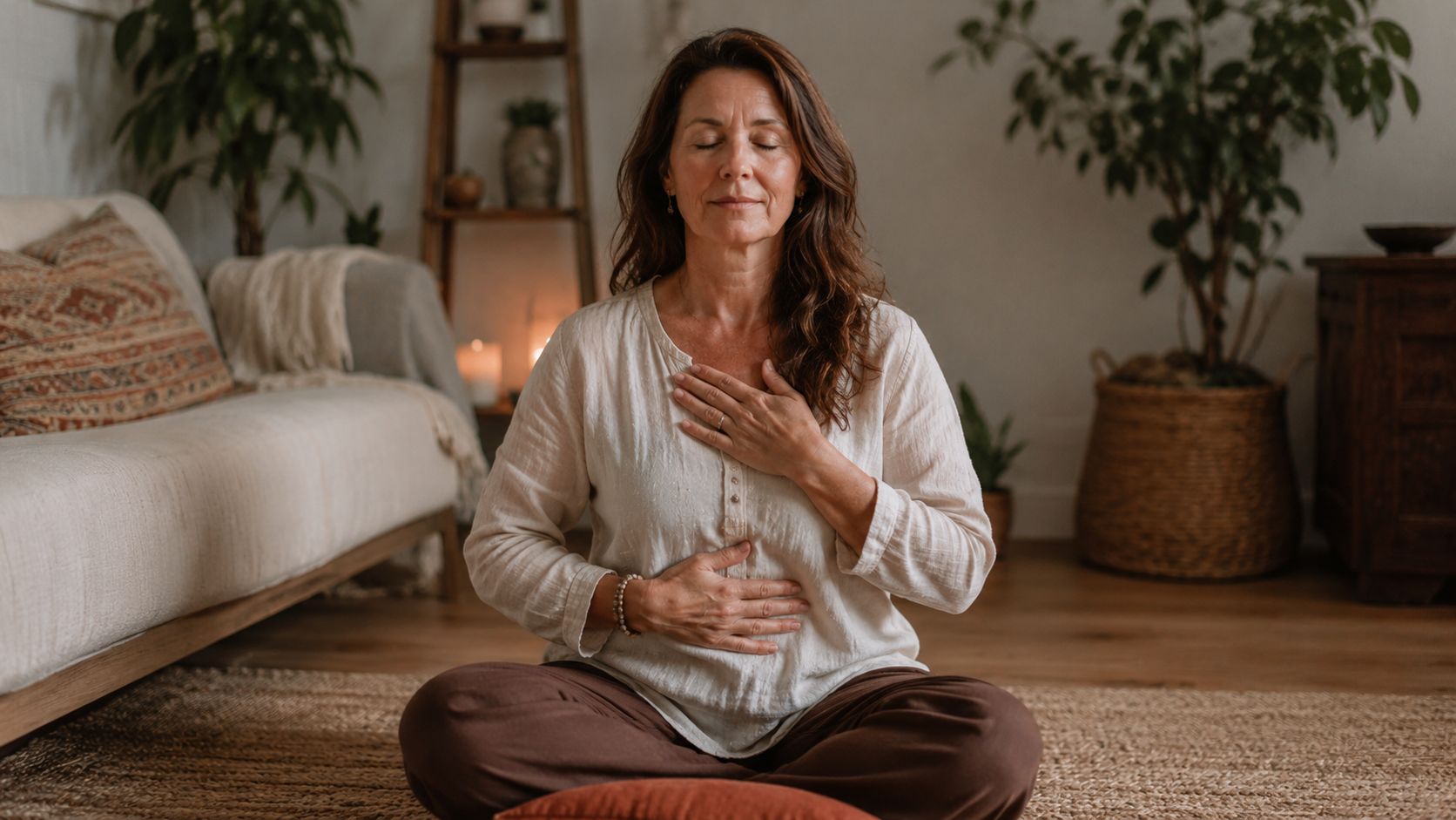 A calm person seated indoors with hands resting gently over the chest and abdomen for Reiki-inspired self-care
