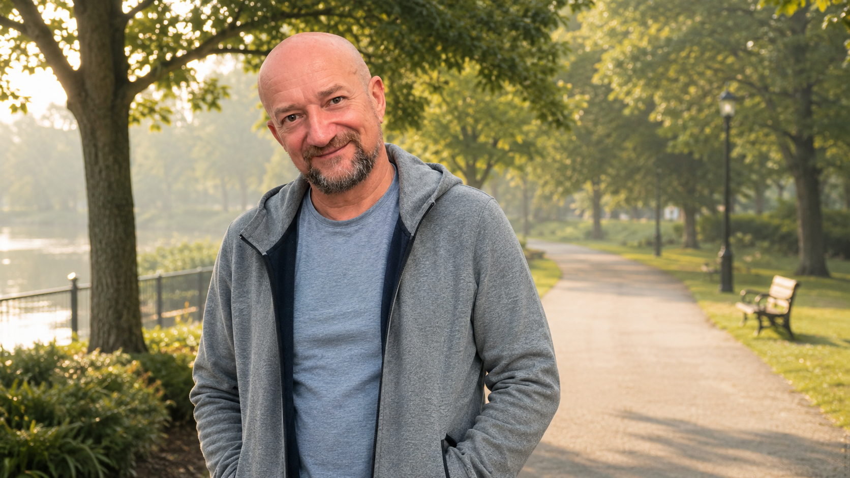 A relaxed mature man smiling during a morning walk in a peaceful park