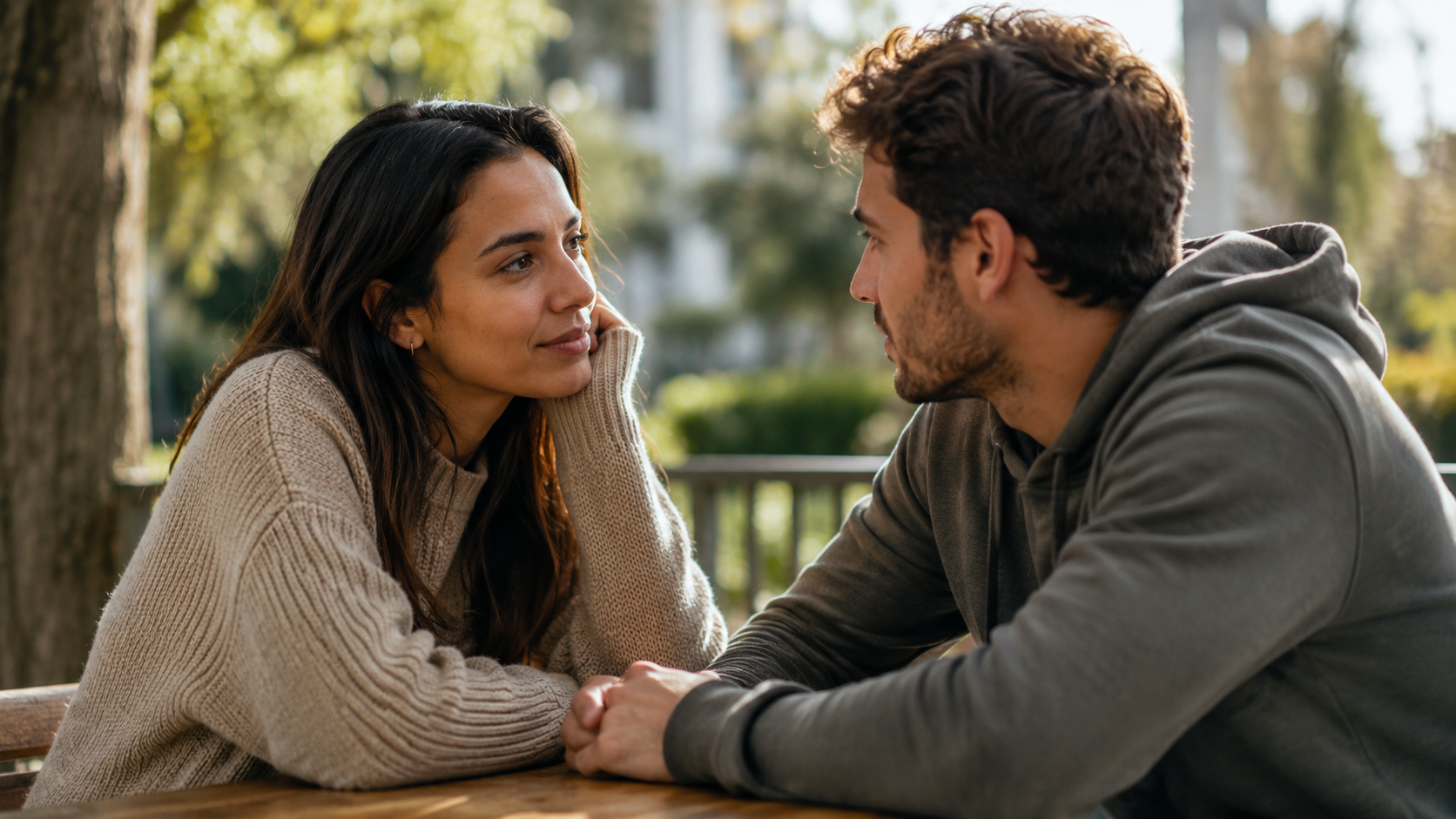 Two younger adults having a calm, caring conversation outdoors in natural light
