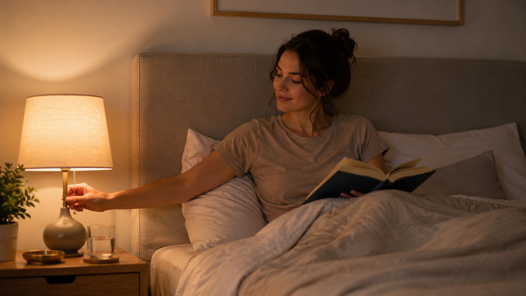 A peaceful younger adult winding down in bed with a book and soft bedside lamp light