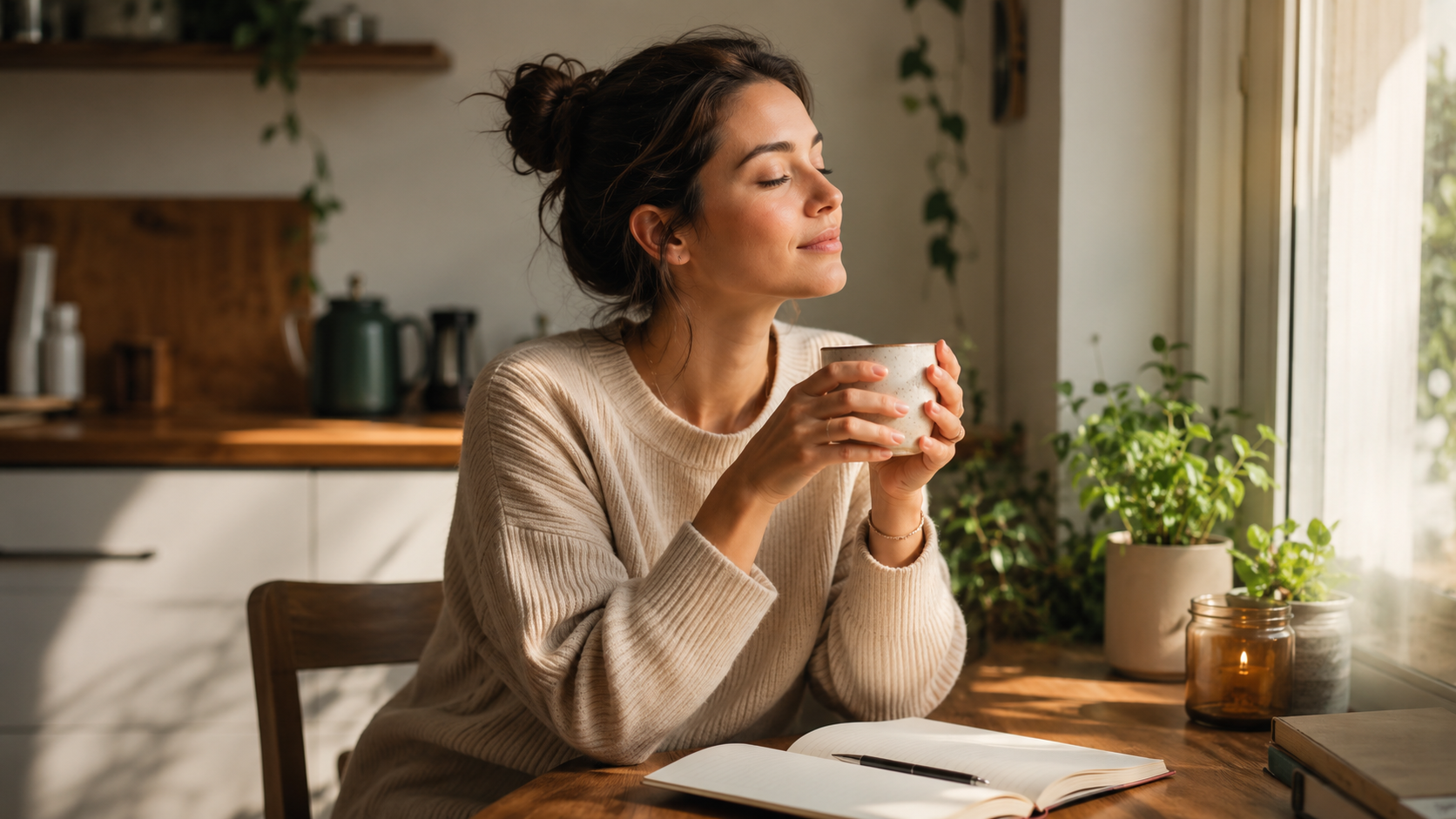A calm younger adult pausing with tea and a notebook in warm kitchen light