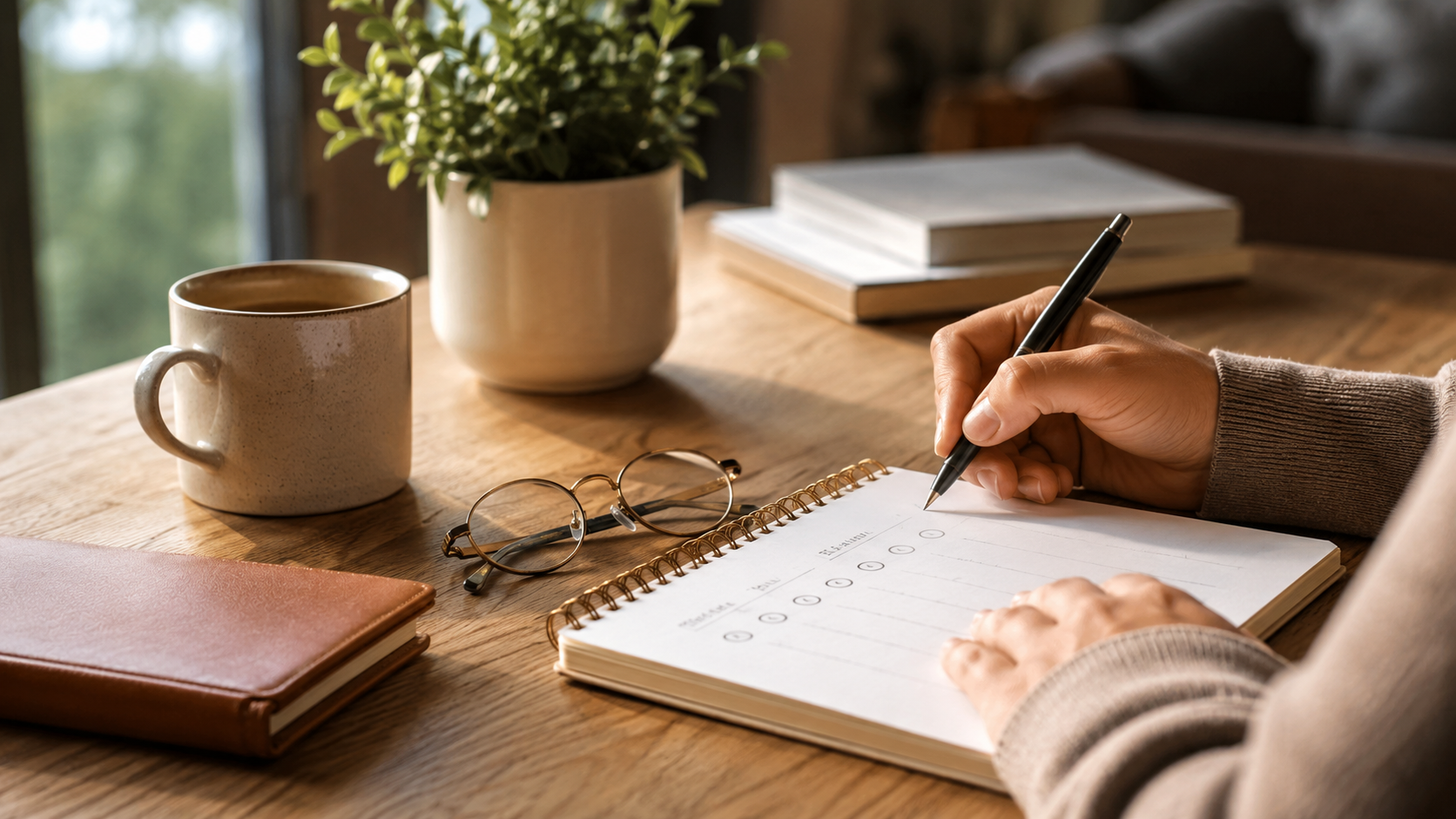 A focused goal-setting workspace with a notebook checklist, pen, glasses, mug, and warm natural light