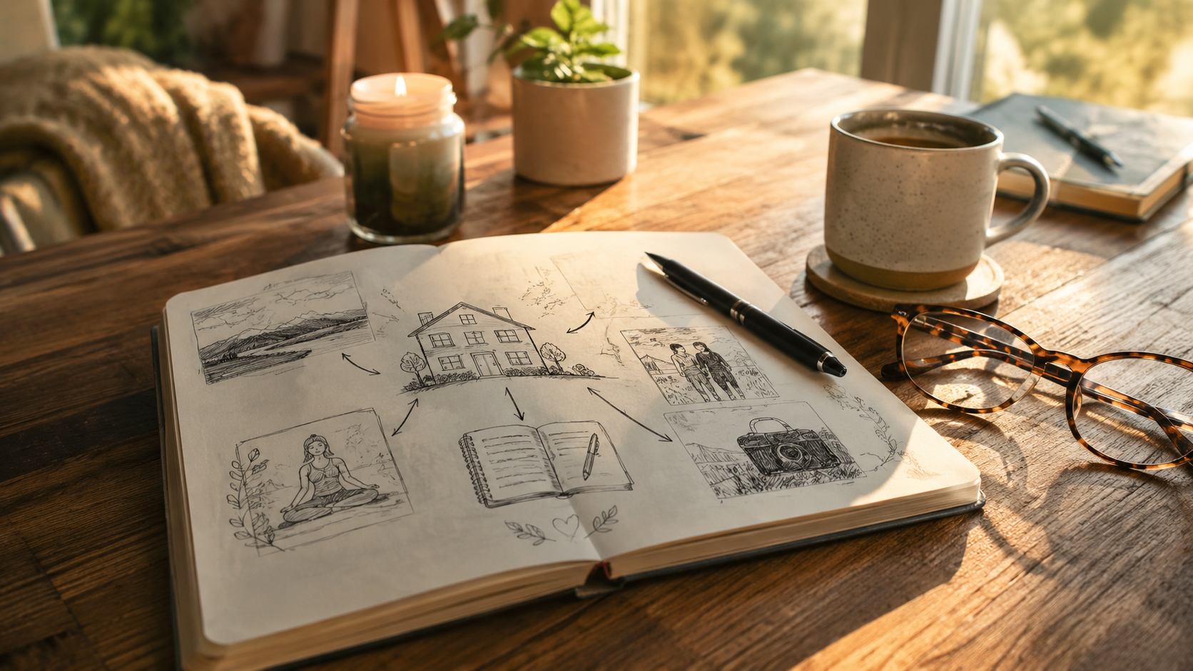 A warm notebook scene with a simple hand-drawn vision plan, pen, glasses, and morning light