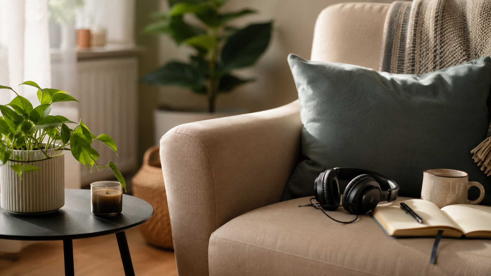 A calm guided meditation setup with headphones, a notebook, a mug, and a comfortable chair
