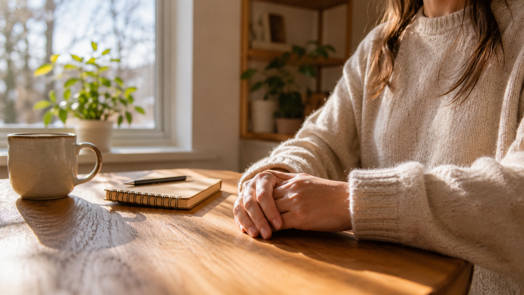 A quiet beginner-friendly mindfulness moment at a sunlit table with a notebook, mug, and resting hands