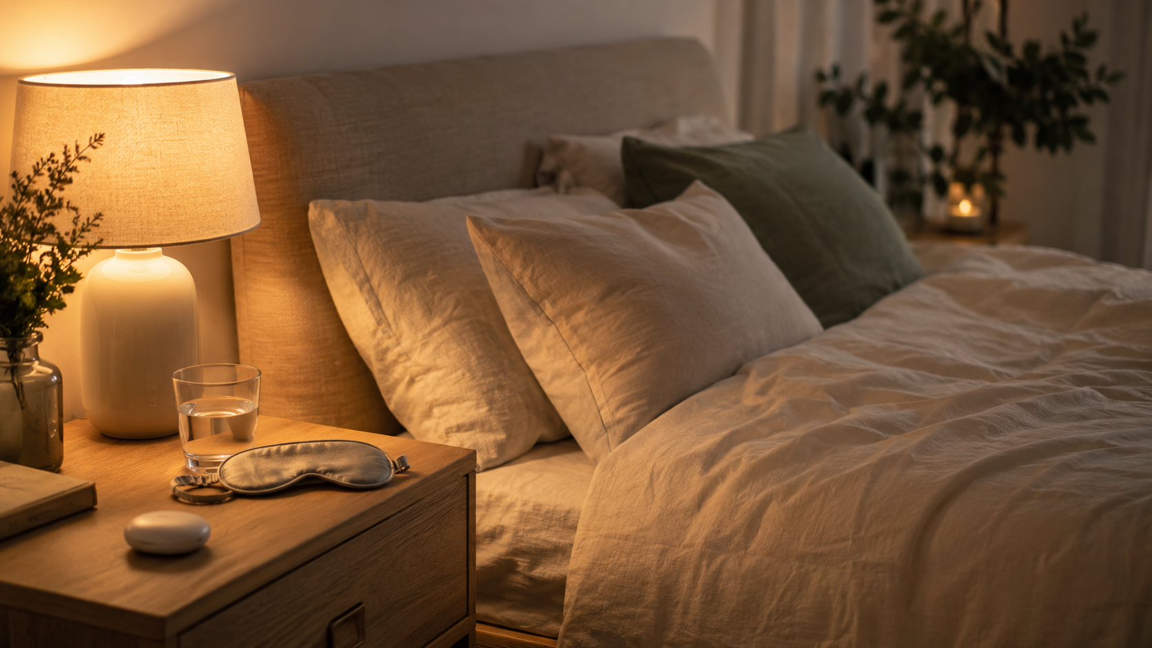 A peaceful bedtime scene with a soft lamp, sleep mask, glass of water, and calm bedding