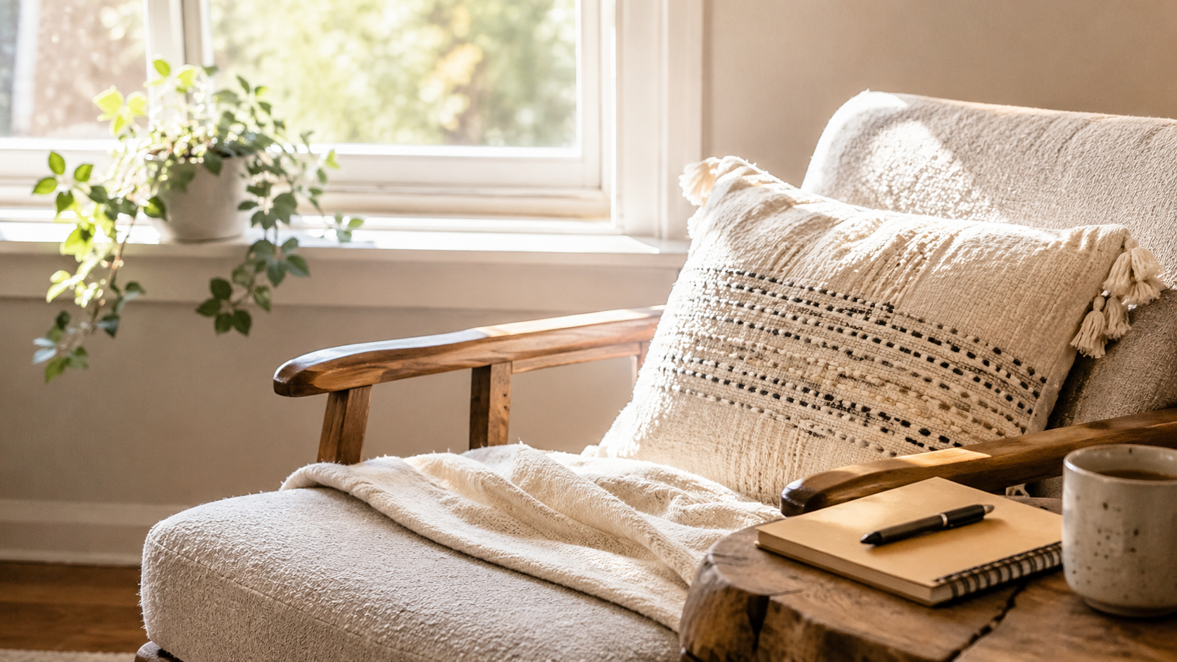 A quiet chair by a window with a notebook and pen for relaxed alpha-level practice