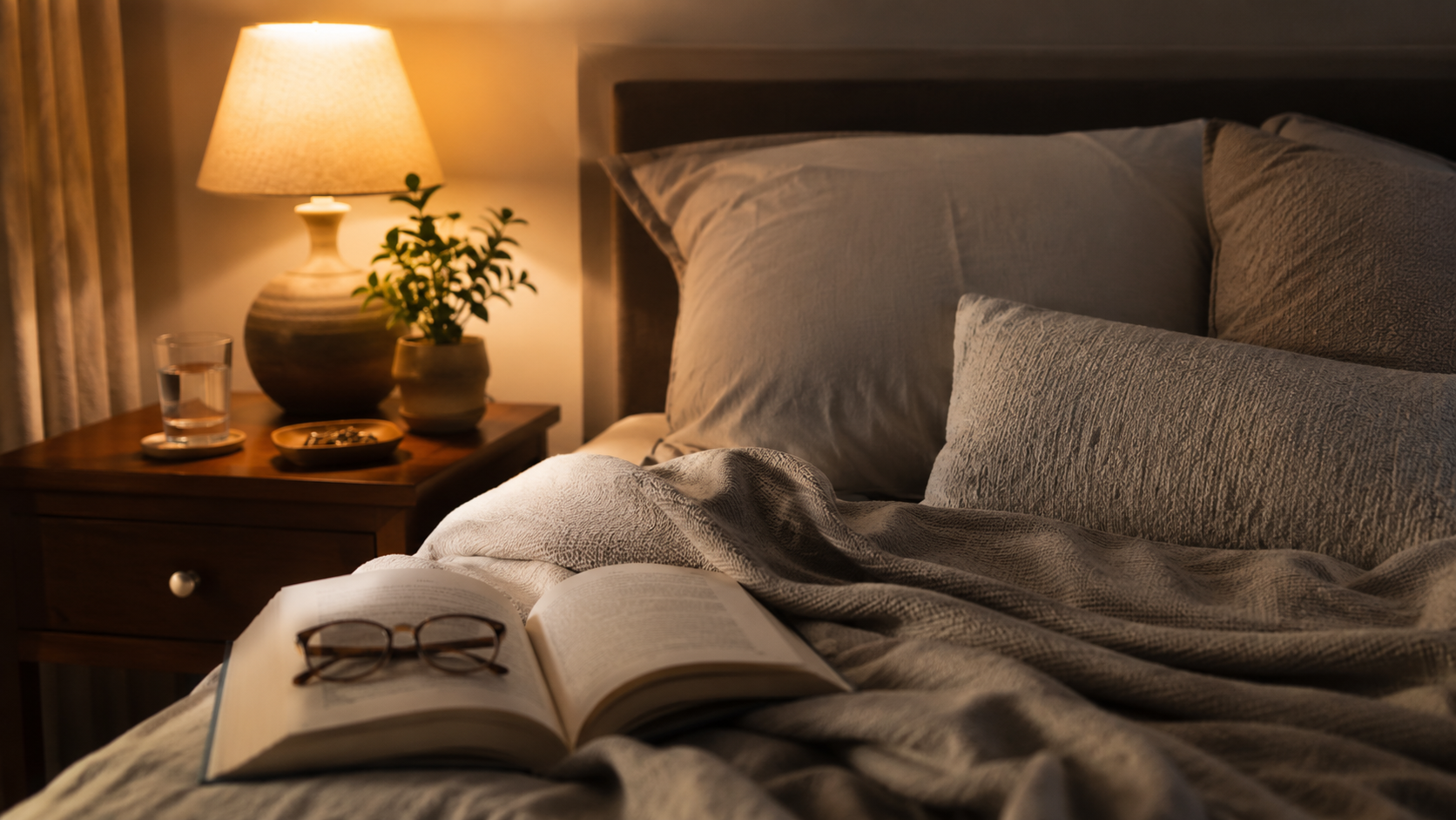 A peaceful bedside scene with a soft lamp, book, glasses, and calm evening light