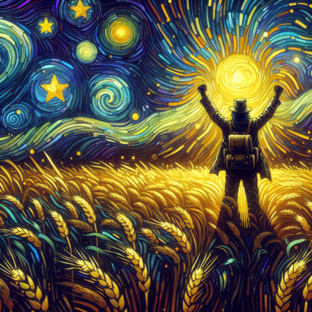 A painting in Van Gogh’s style of a figure standing on a hill, arms raised, in a golden wheat field under a starry night sky