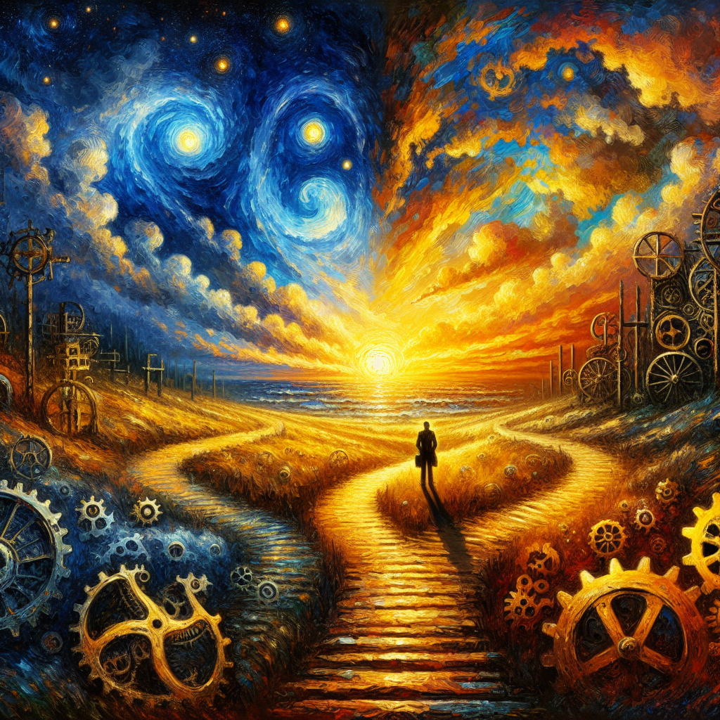 A painting in Van Gogh’s style showing a person standing at a forked path in a colorful landscape, with one path bright and the other dark under a swirling sky