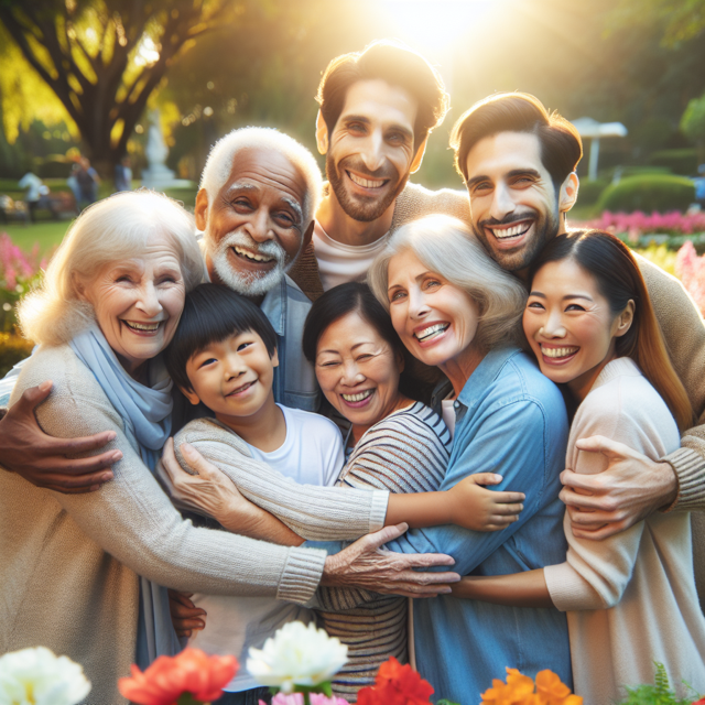 A diverse group of people embracing in a sunny park