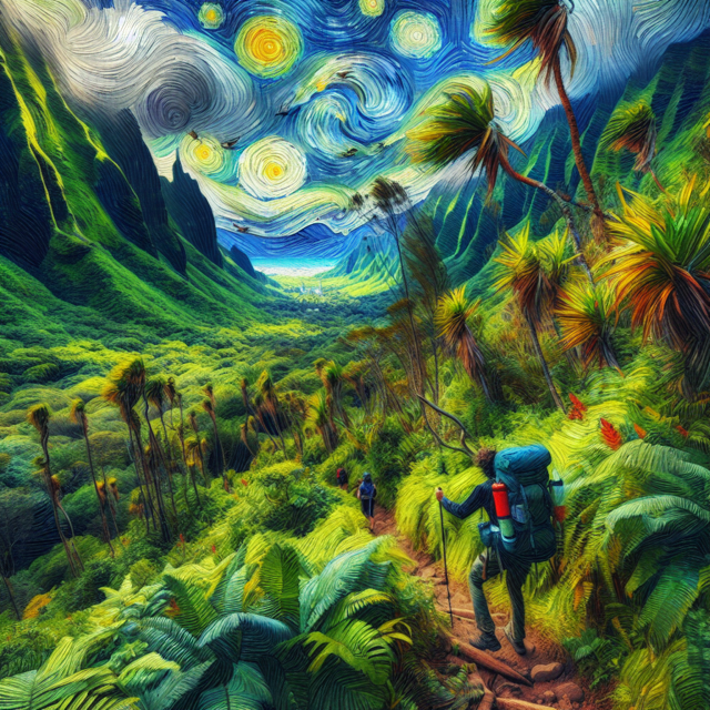 Person hiking on a lush Hawaiian trail