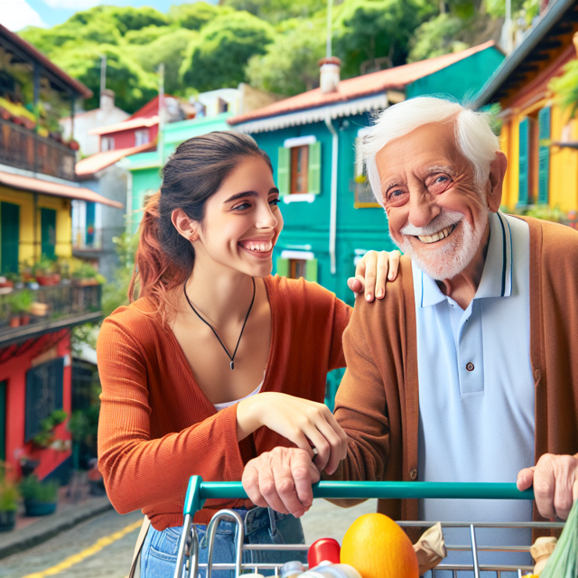 A young person helping an elderly neighbor carry groceries