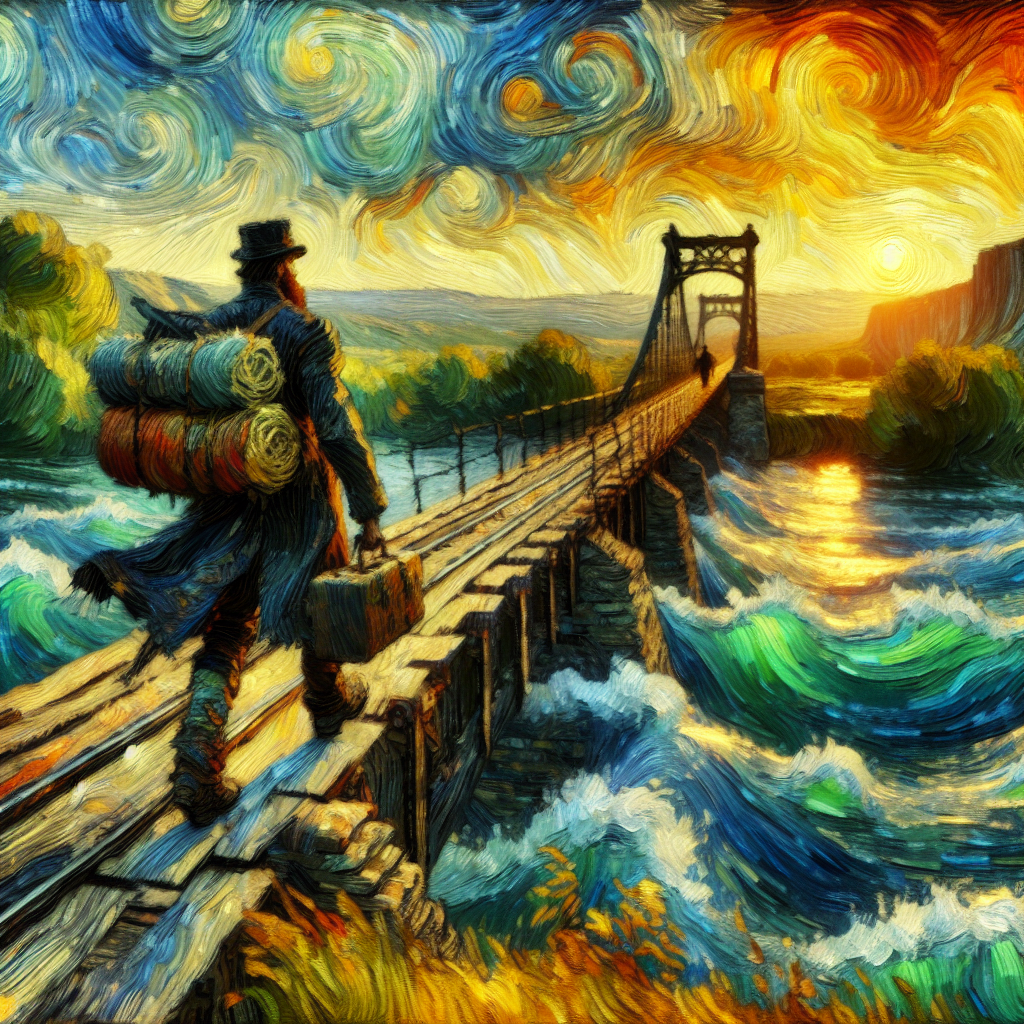 A Van Gogh-style painting of a figure carrying a heavy load across a bridge over a swirling river, with a bright, fiery sky above