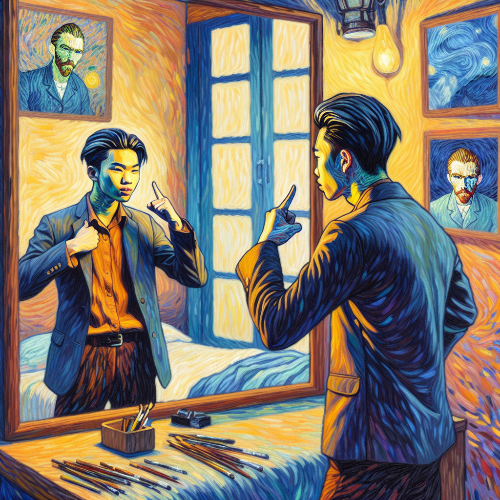 A person confidently speaking to themselves in front of a mirror.