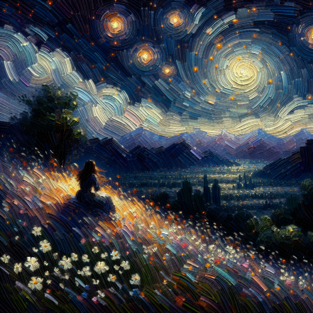 A figure contemplating under a starry sky on a hillside