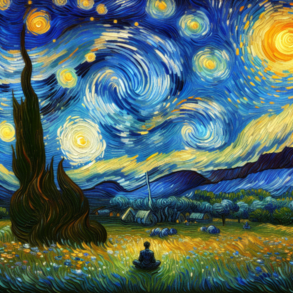 A peaceful meadow under a swirling starry sky with a figure practicing mindfulnes