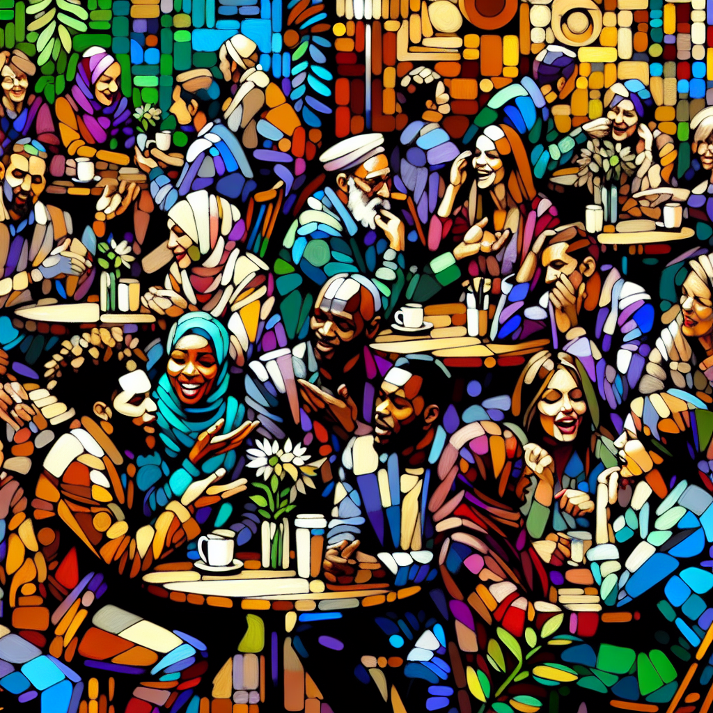 A lively café scene where people are having genuine and open conversations.
