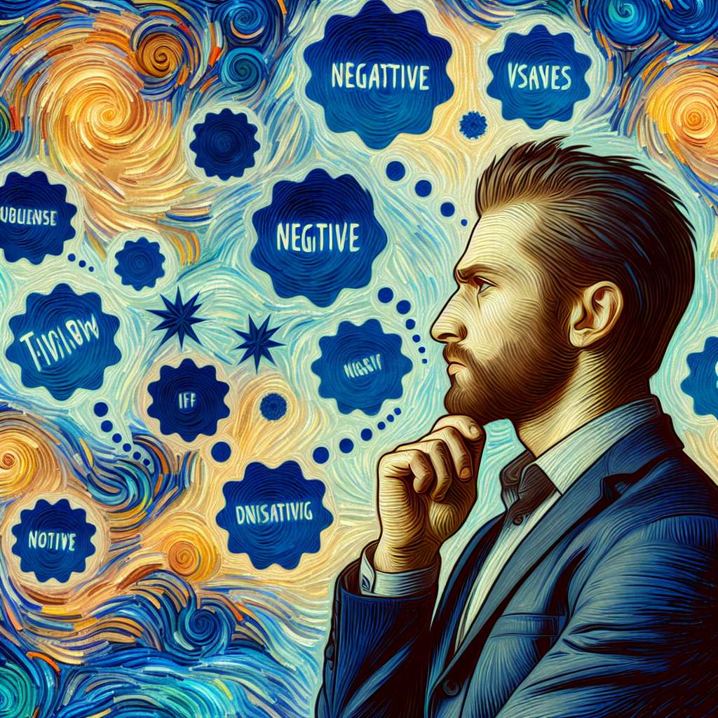 A person with a thoughtful expression, surrounded by swirling thought bubbles containing negative phrases.