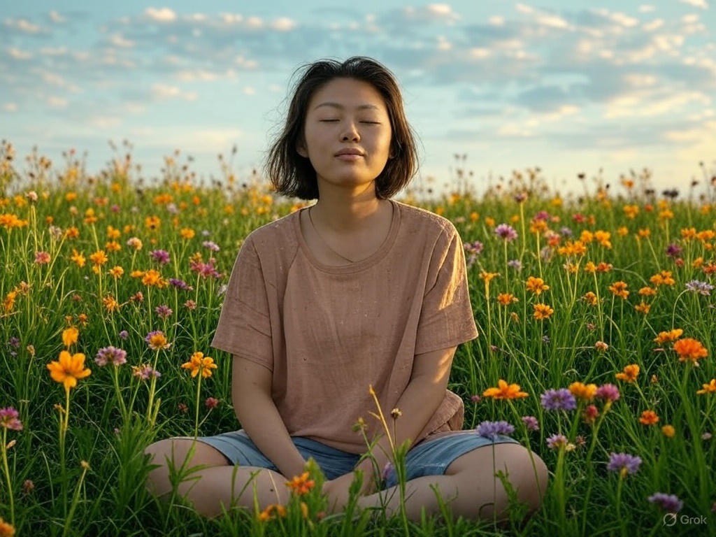 A person practicing mindful breathing in a vibrant natural landscape.
