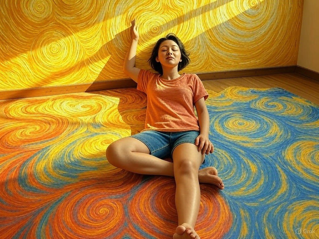 A peaceful individual practicing body scan meditation in a calming indoor space.