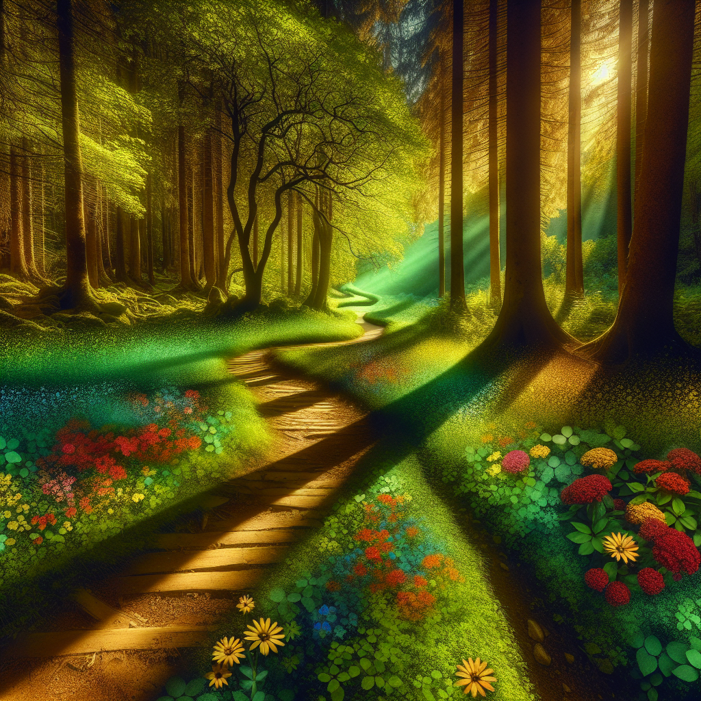 A serene forest path bathed in sunlight, inviting reflection and connection with nature.