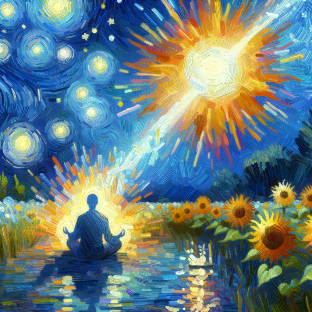 A serene environment with someone meditating, surrounded by soft, glowing light