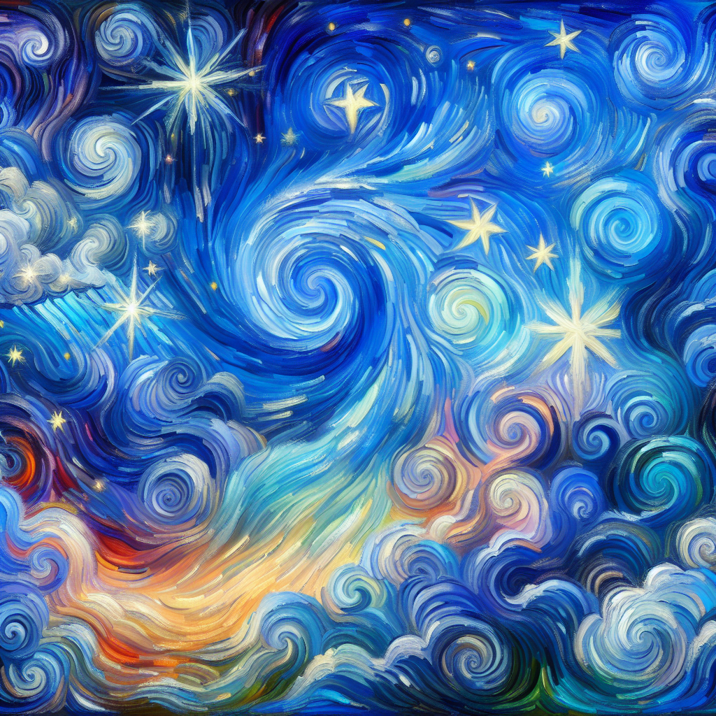 An abstract landscape depicting swirling colorful thoughts in a bright blue sky reminiscent of Van Gogh’s style, symbolizing positivity