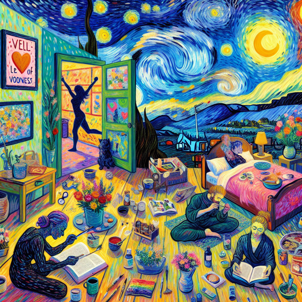 A vibrant garden of blooming flowers symbolizing kindness and growth, painted in a thick, expressive style.