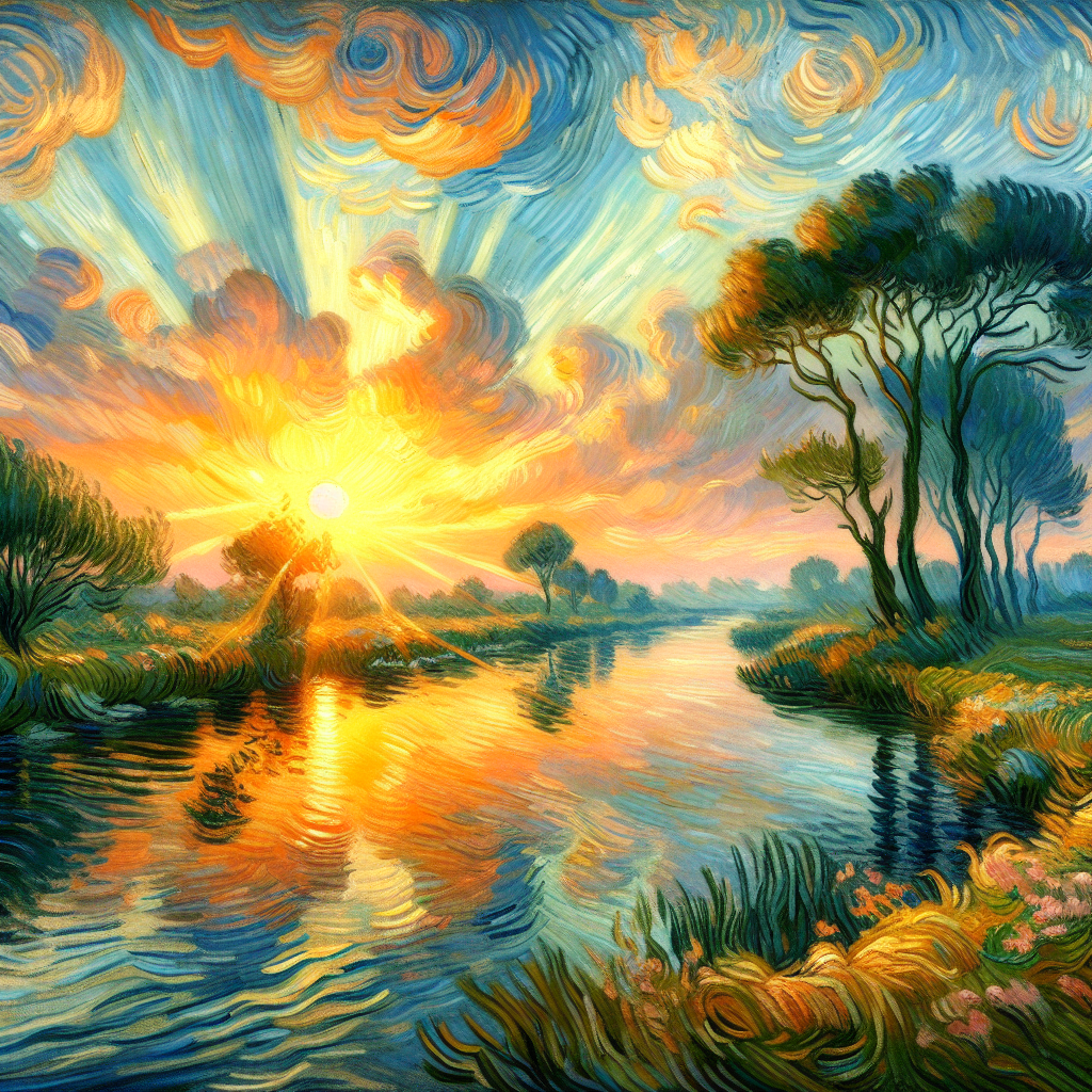 A serene sunrise landscape with a flowing river and swirling clouds, capturing a sense of peace and new beginnings