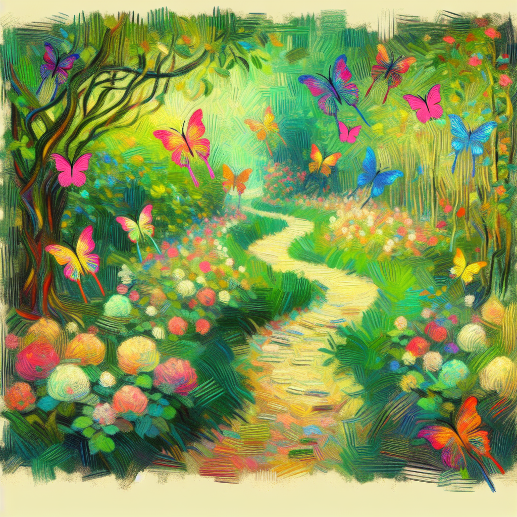 A winding garden path with emerging plants and butterflies